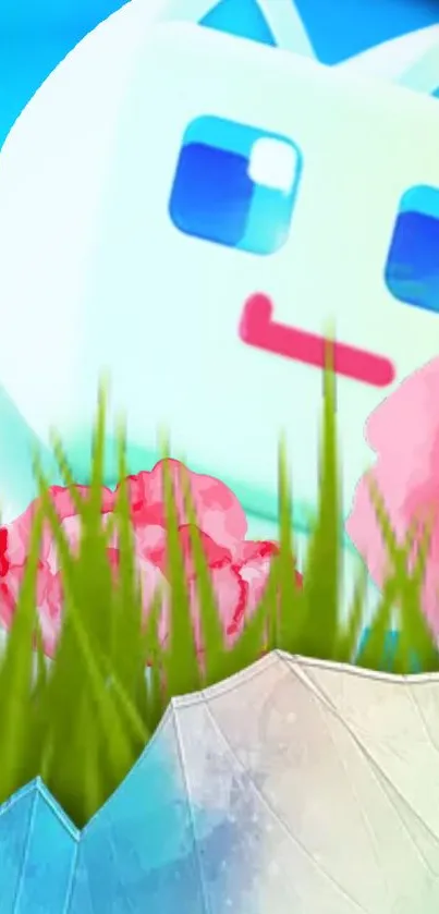 Cartoon cube in vibrant nature scene with blue skies and pink flowers.