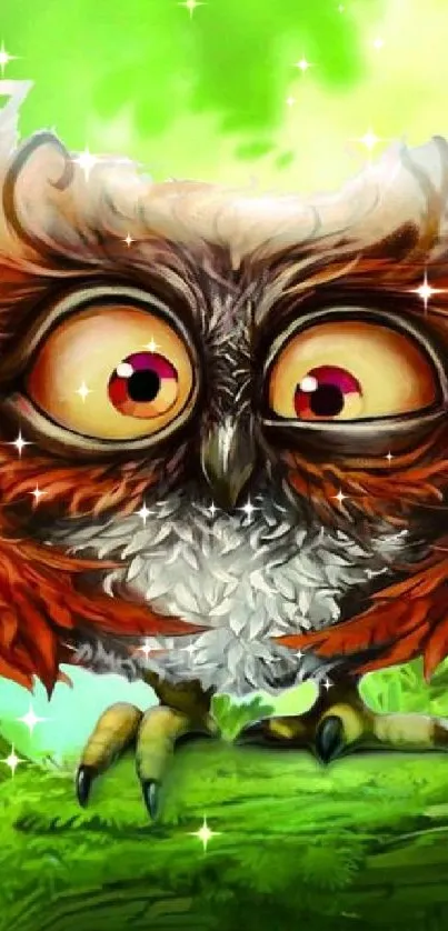 Whimsical cartoon owl in a vibrant green forest setting.