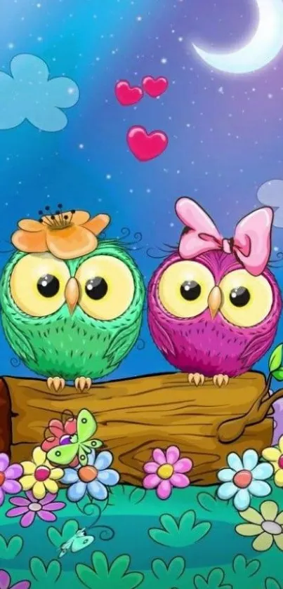 Colorful cartoon owls sitting on a log under a starry sky.