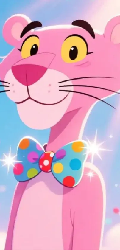 Playful cartoon panther with a colorful bowtie and bright background.