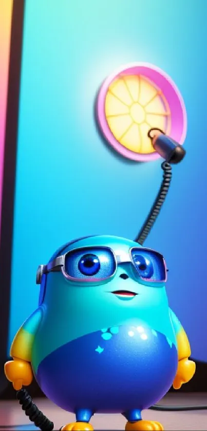 Colorful cartoon character in futuristic style on phone wallpaper.