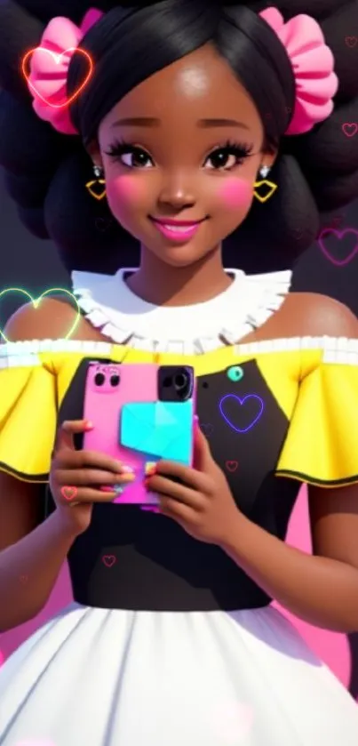 Colorful cartoon character with smartphone.