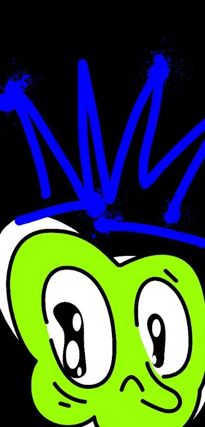 Cartoon character with blue crown on black background.