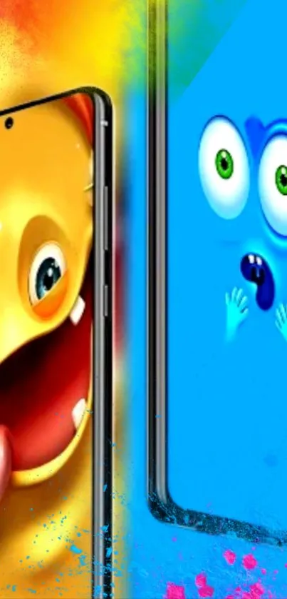 Colorful cartoon characters on mobile wallpaper.
