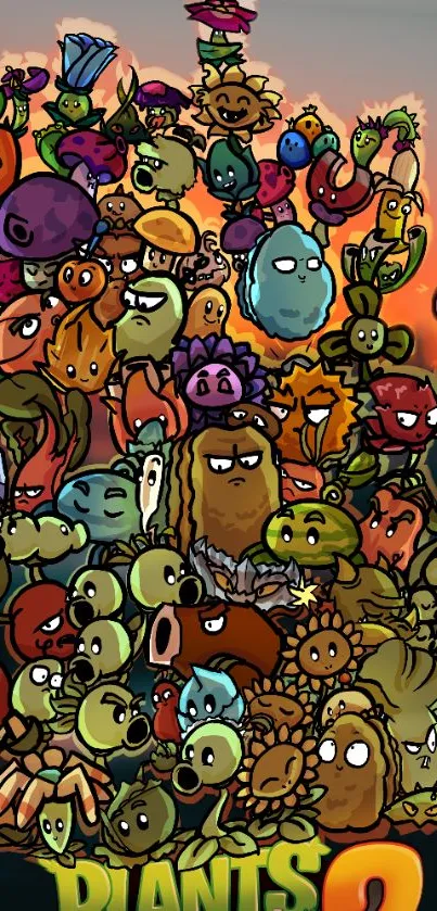 Colorful cartoon plant characters on mobile wallpaper.