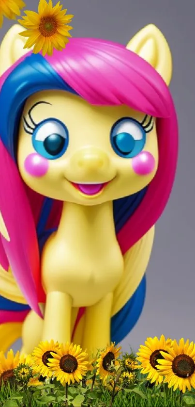 Vibrant cartoon pony with sunflowers.