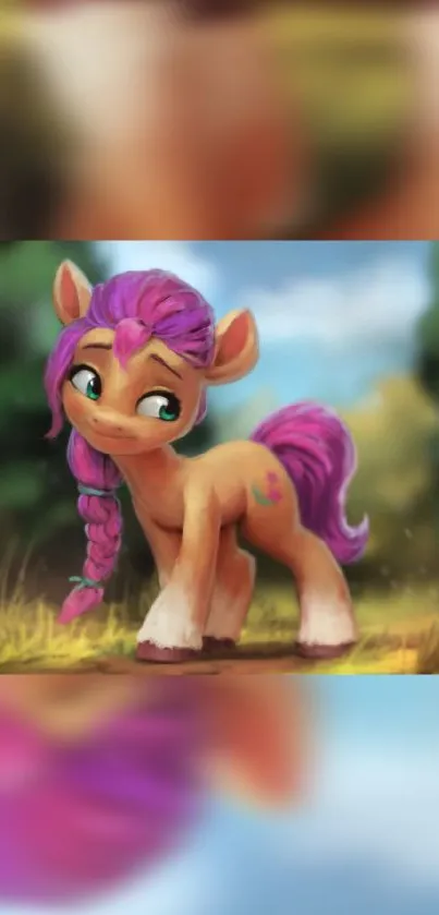 Cartoon pony with purple mane in a vibrant forest setting.