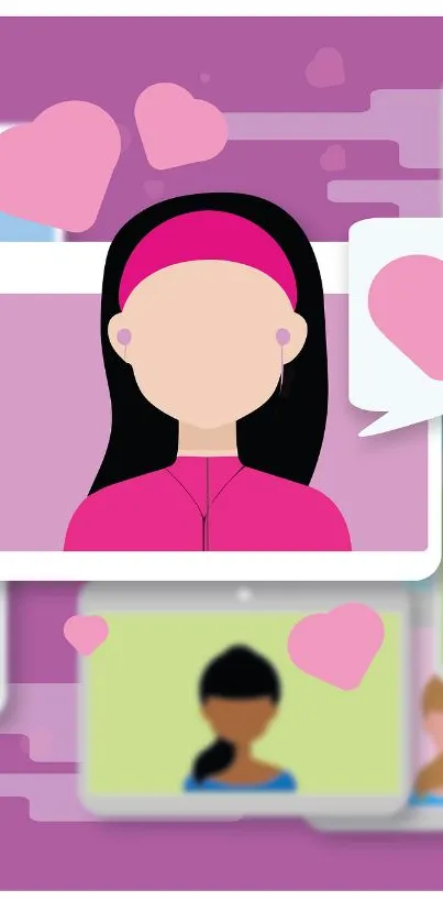 Cartoon profiles with pink hearts on a vibrant wallpaper.