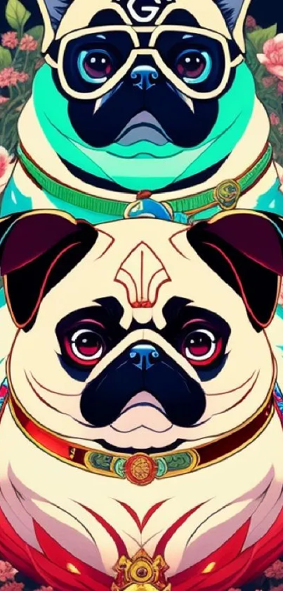 Colorful cartoon pugs with floral accents on a vibrant background.