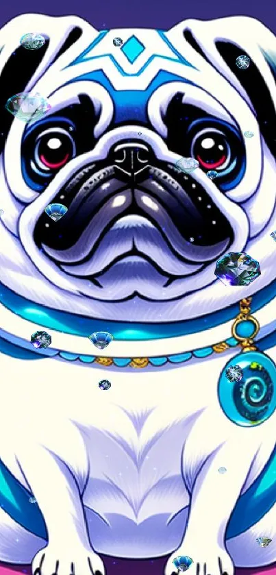 Cartoon pug with blue collar on purple background.