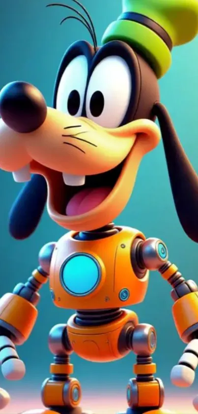 Vibrant cartoon robot character with expressive design.