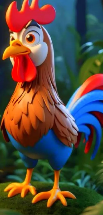 Colorful cartoon rooster in lush green forest.