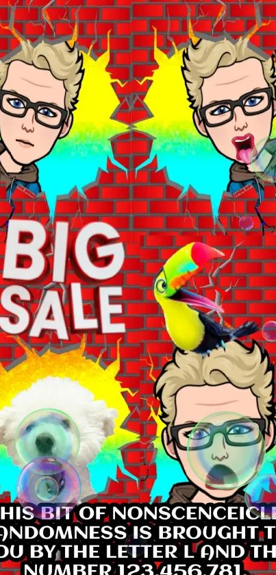 Colorful cartoon design with sale text, dog, and parrot on a red brick background.