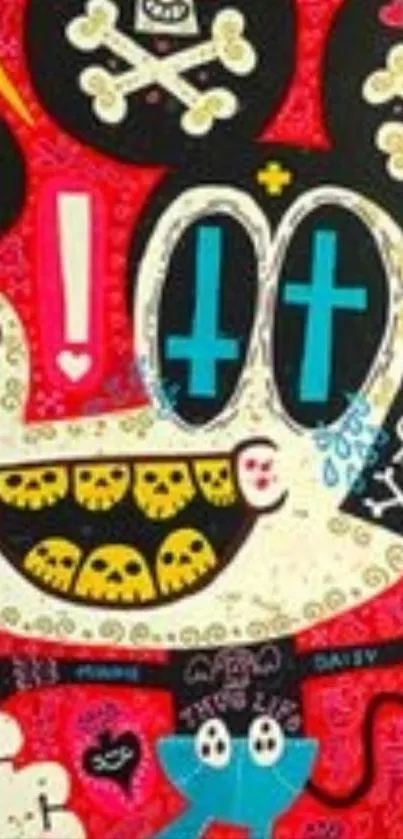 Colorful cartoon artwork with skulls and vibrant designs.