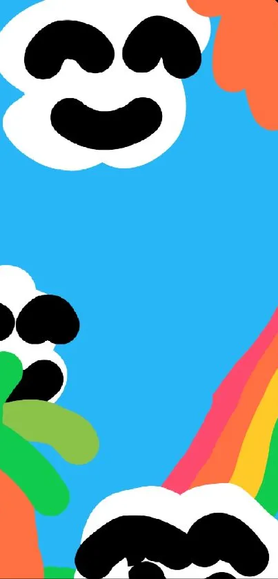 Cartoon clouds, rainbow, and palm trees on a vibrant blue sky wallpaper.