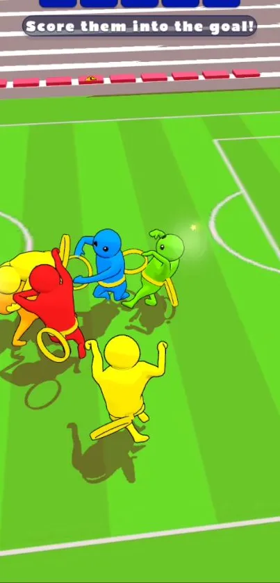 Colorful cartoon characters playing soccer on a green field.