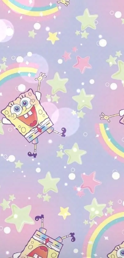 Cartoon stars and rainbows on purple background wallpaper.