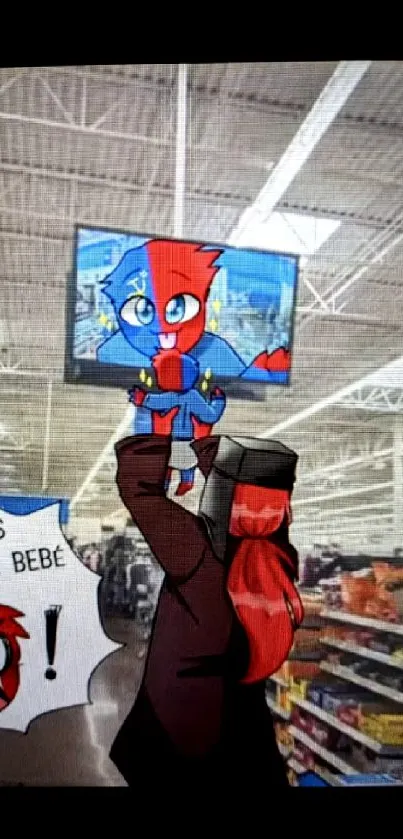 Cartoon character held in a supermarket setting with bright colors.