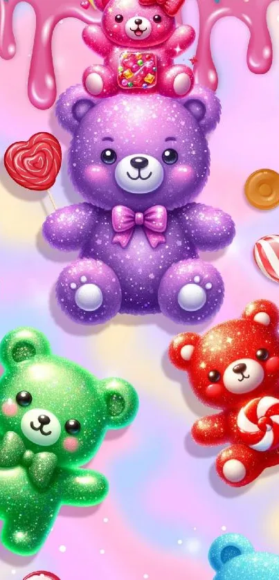 Cartoon teddy bears with candy on a pink background.