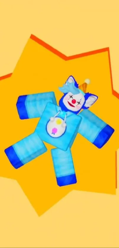 Colorful cartoon toy on a yellow star background.