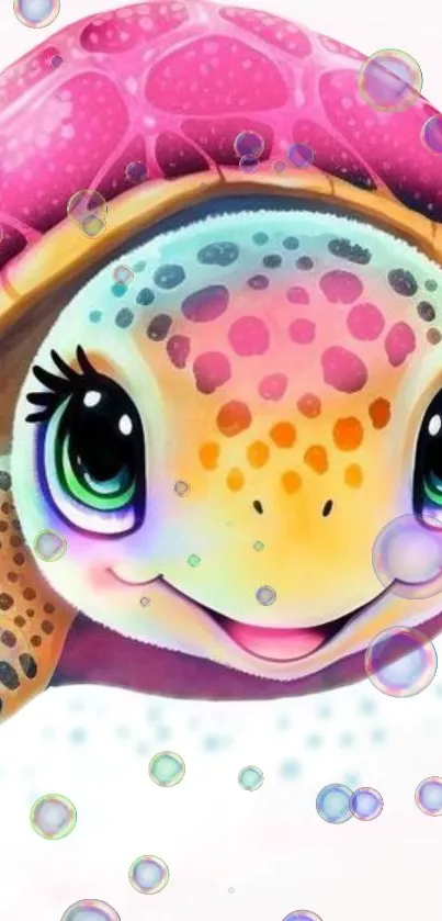 Vibrant cartoon turtle with pink shell and bubbles in a playful design.