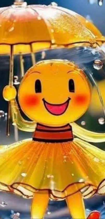 Cheerful cartoon character holding an umbrella with vibrant colors.