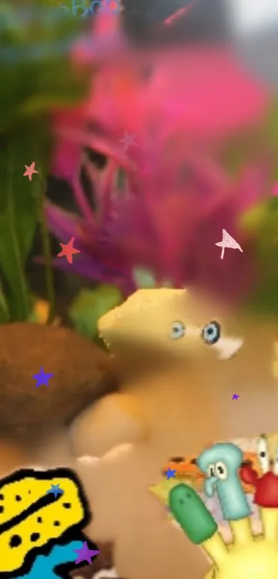 Cartoon characters in underwater scene with plants.