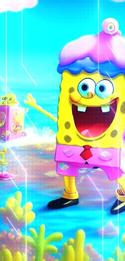 Vibrant cartoon underwater scene with a cheerful character in colorful attire.