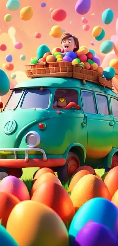 Cartoon van with colorful eggs amidst a whimsical landscape.