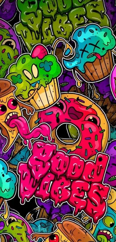 Colorful cartoon wallpaper with 'Good Vibes' text featuring quirky food characters.