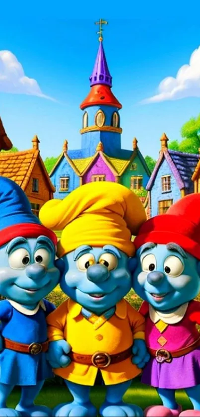 Colorful cartoon village with blue elf characters in vibrant attire.