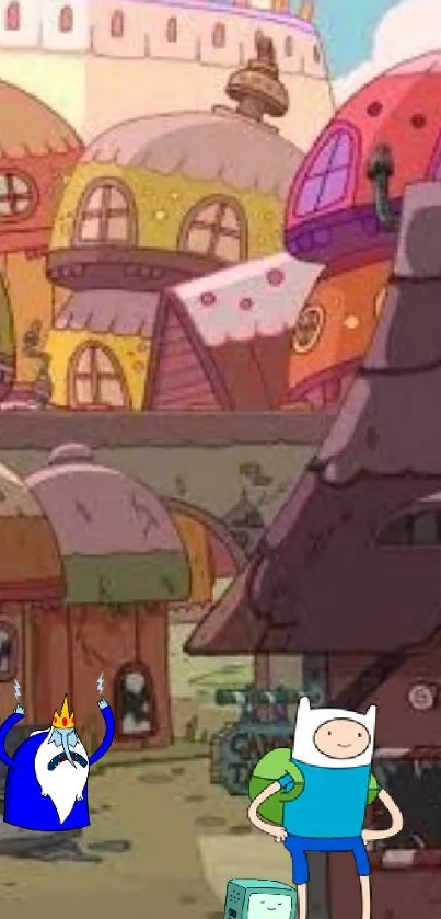 Cartoon village with colorful buildings and characters in a whimsical setting.