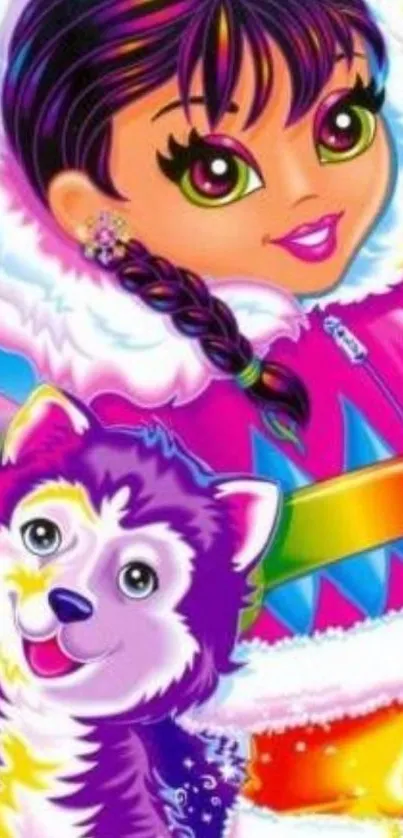 Colorful winter cartoon with girl and husky dog.