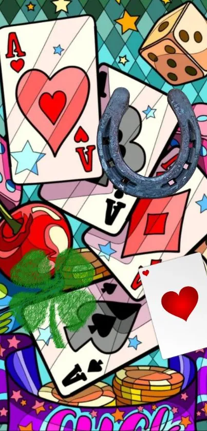 Colorful casino-themed wallpaper with cards and dice.