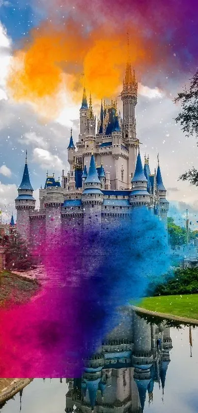 Enchanting castle with vibrant color splashes on a reflective surface.