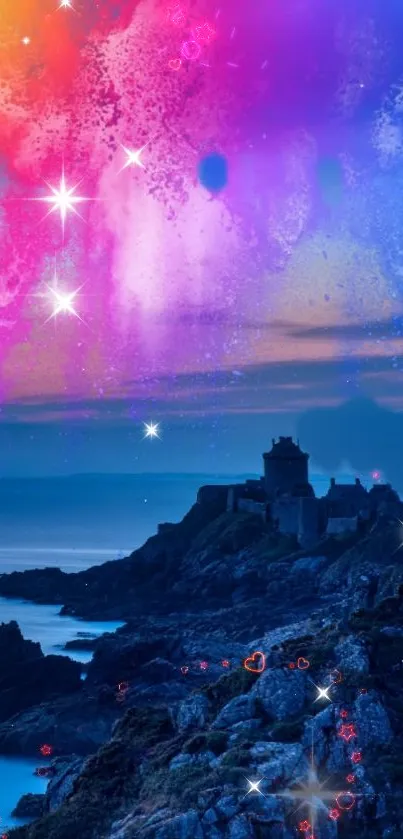 Vibrant castle scene with colorful night sky and ocean view.