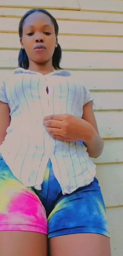 Portrait of a woman in colorful tie-dye shorts and a striped shirt.