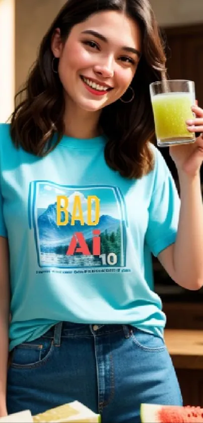 Young woman with juice in a blue shirt standing in a kitchen.