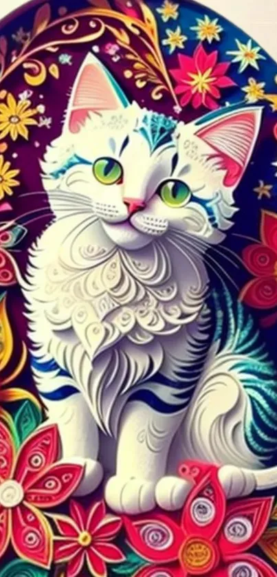 Vibrant artistic cat with floral design mobile wallpaper.