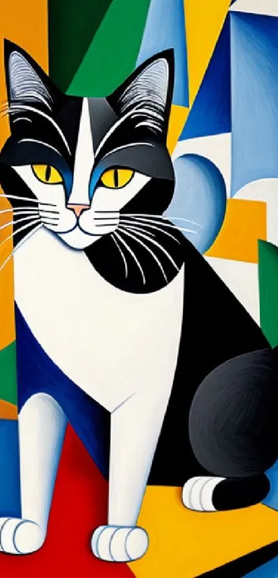 Abstract geometric cat art wallpaper with colorful and modern design.