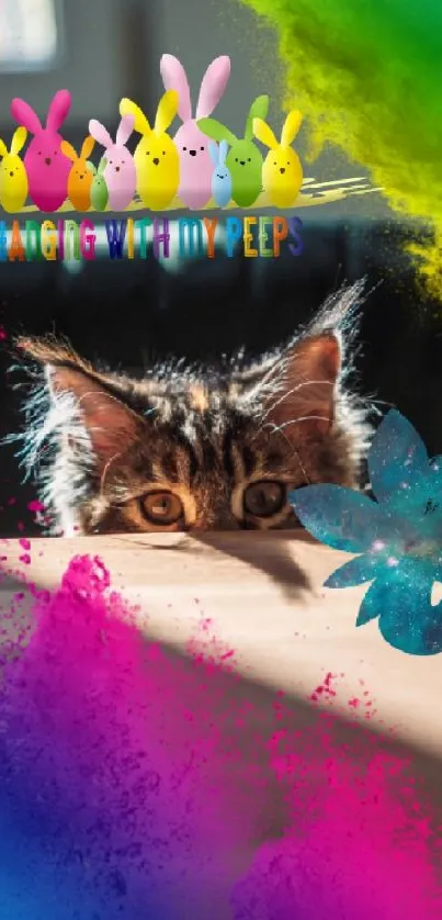 Playful cat and colorful bunnies with paint splashes.