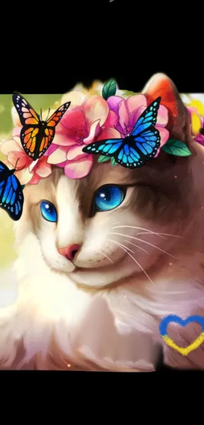 Whimsical cat with floral crown and butterflies.