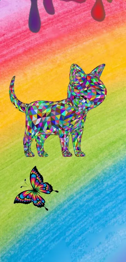 Geometric rainbow cat with butterfly on colorful background.