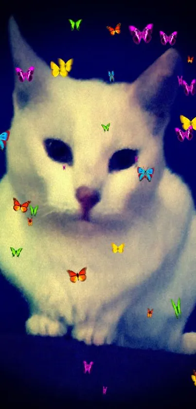 White cat with colorful butterflies on dark background.