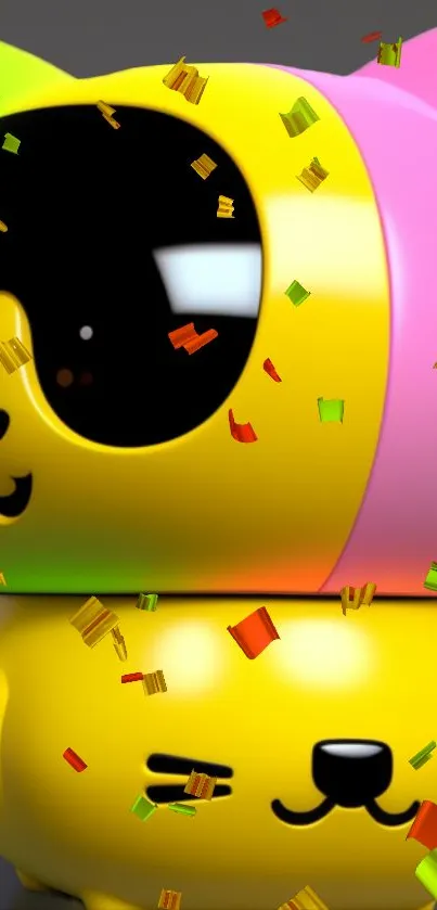 Vibrant yellow cat wearing sunglasses with colorful confetti background.