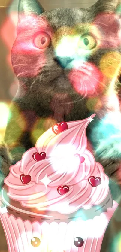 Colorful cat with cupcake mobile wallpaper art.