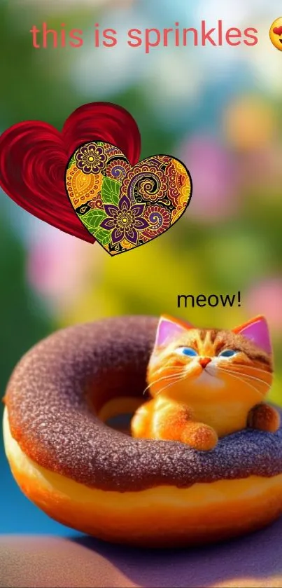 Cute kitten on a donut with hearts, vibrant art.