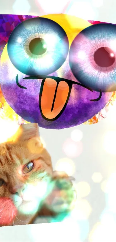 Vibrant wallpaper featuring a cat with an exaggerated emoji face.