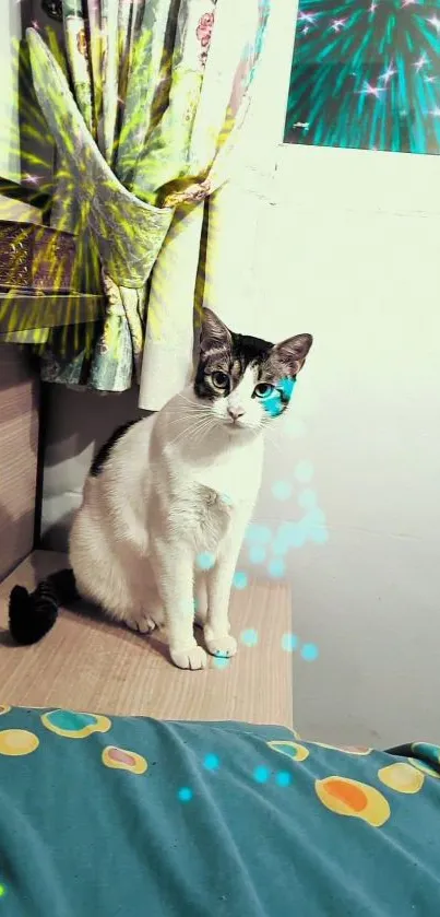 White cat with fireworks and colorful room wallpaper.