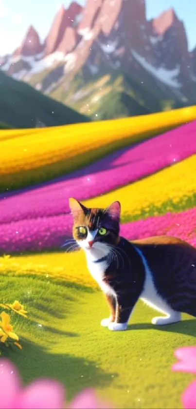Cat in colorful flower field with mountains in background.